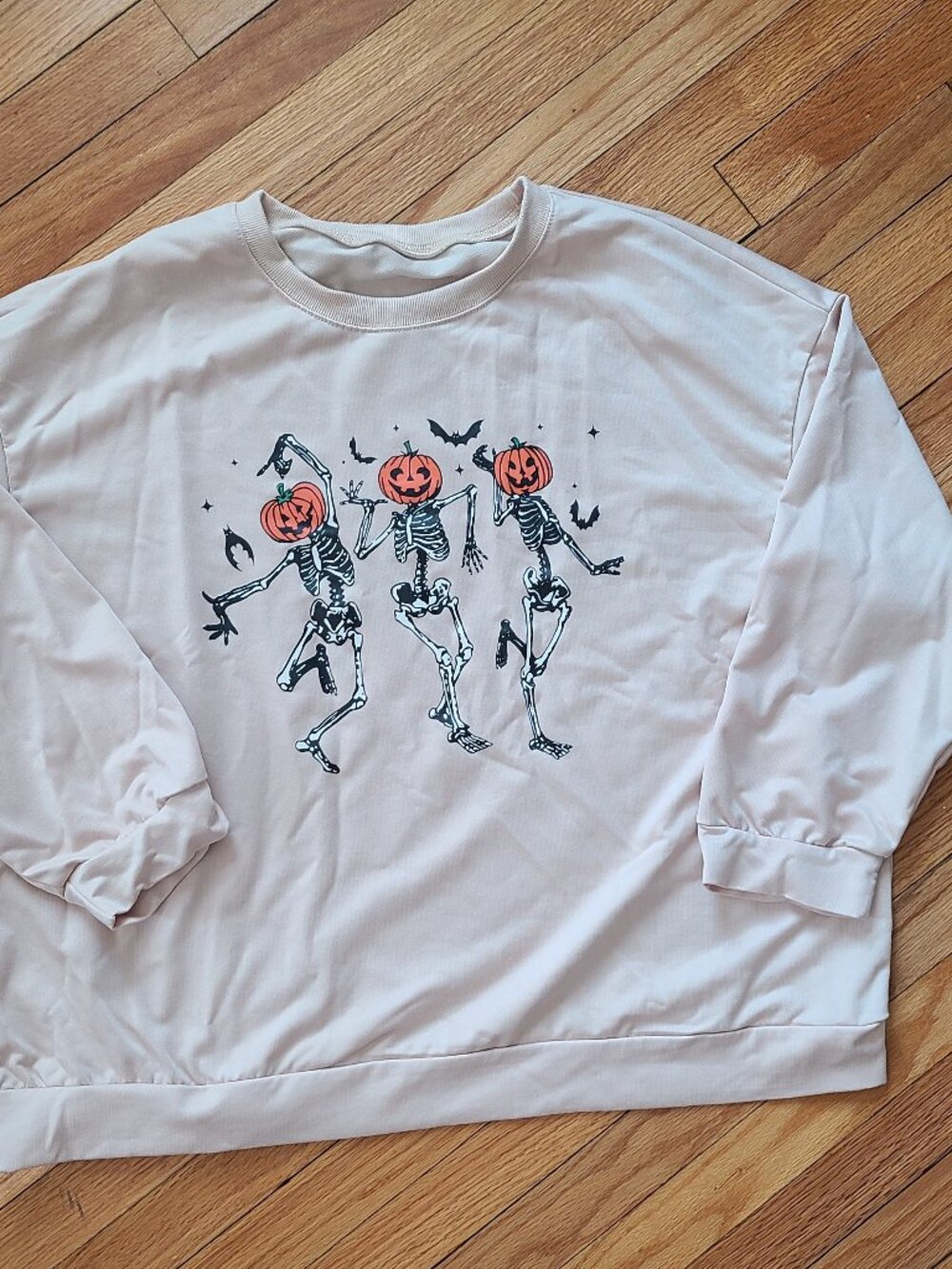 Halloween Dancing Skeletons Pumpkin Head Graphic Sweatshirt Tan Beige 3XL